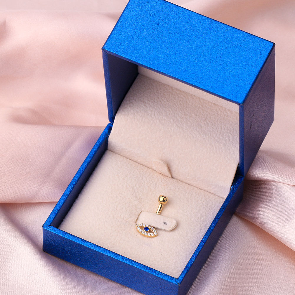 14K Gold Blue CZ Evil Eye Belly Ring