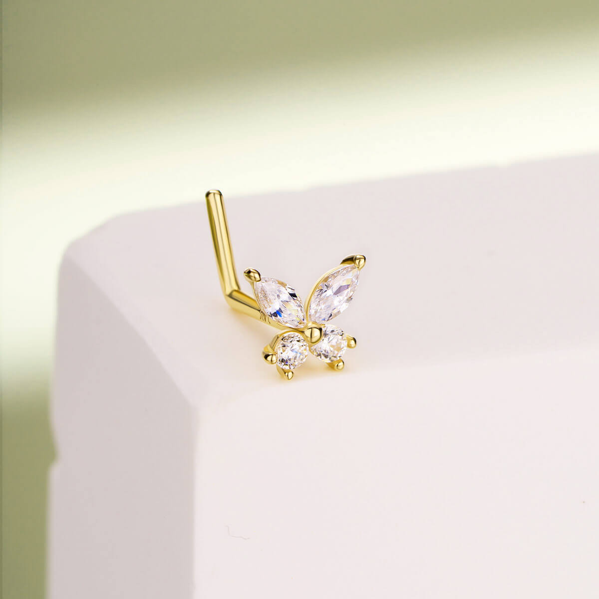 14K Gold CZ Butterfly L-Shape Nose Stud