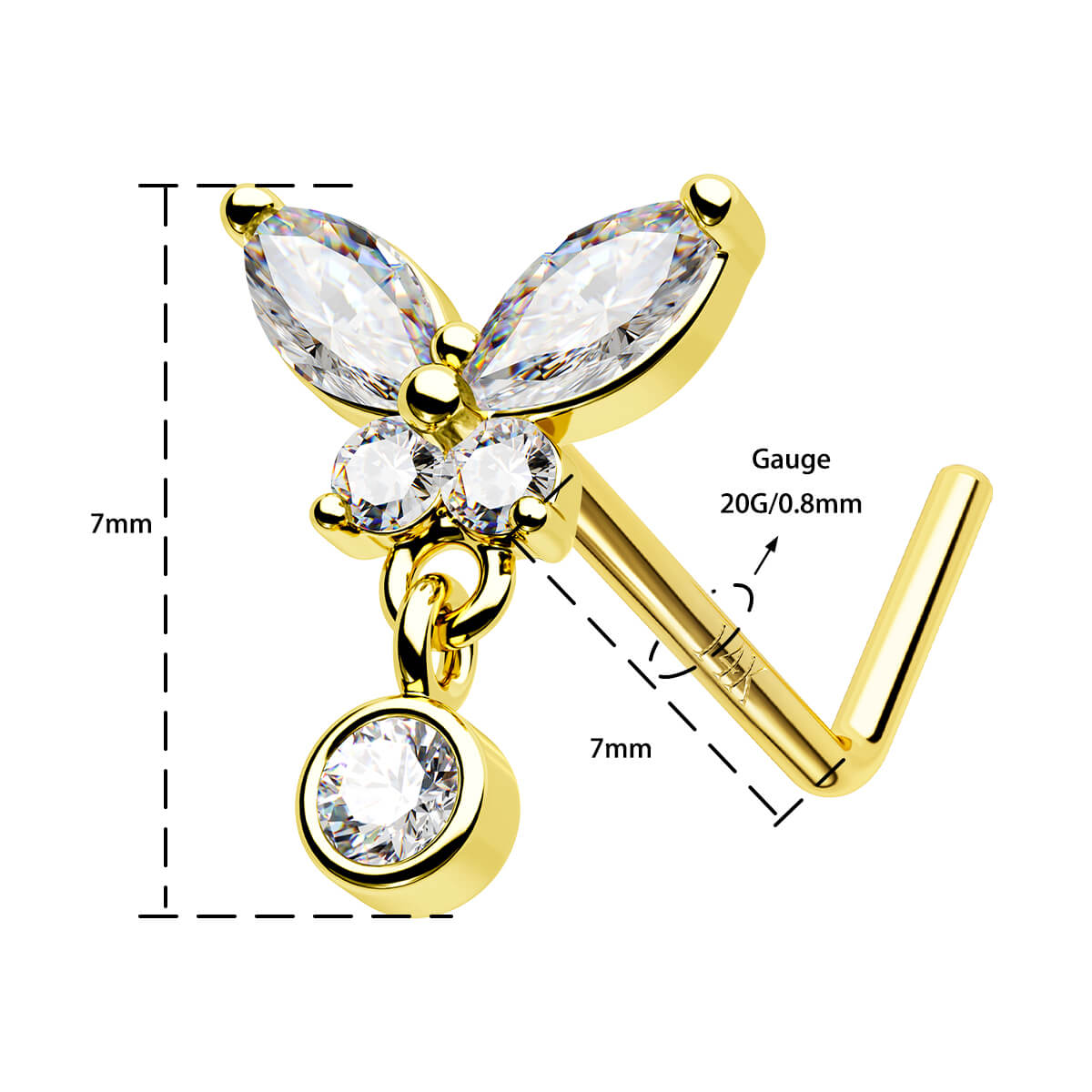 14K Gold Butterfly L-Shaped Nose Stud