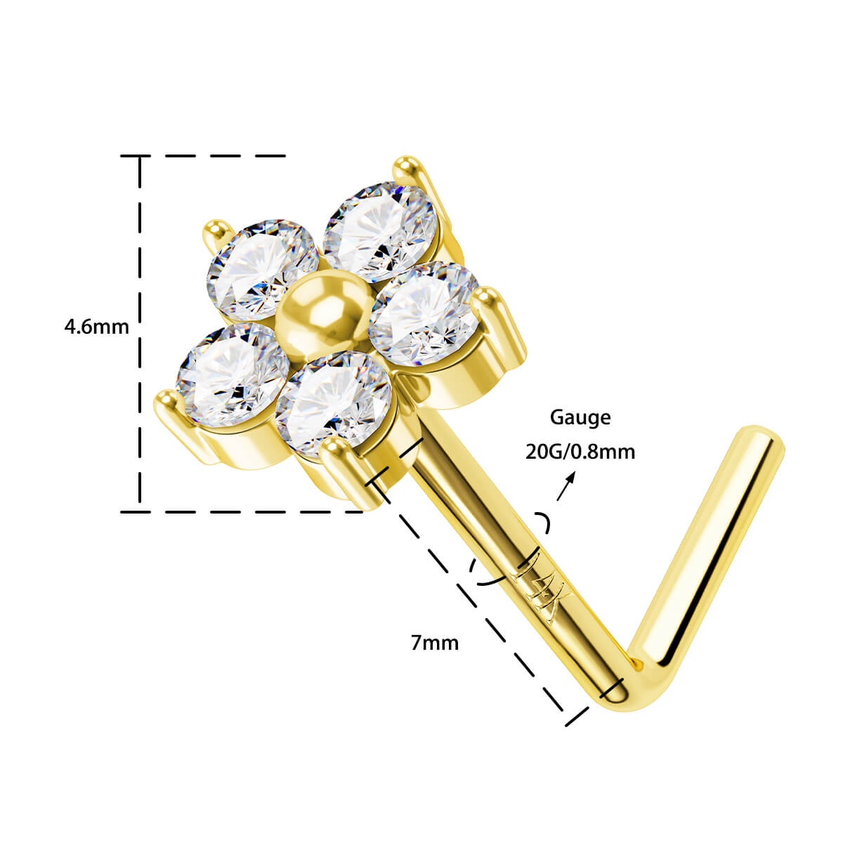 14K Gold CZ Flower L-Shaped Nose Stud