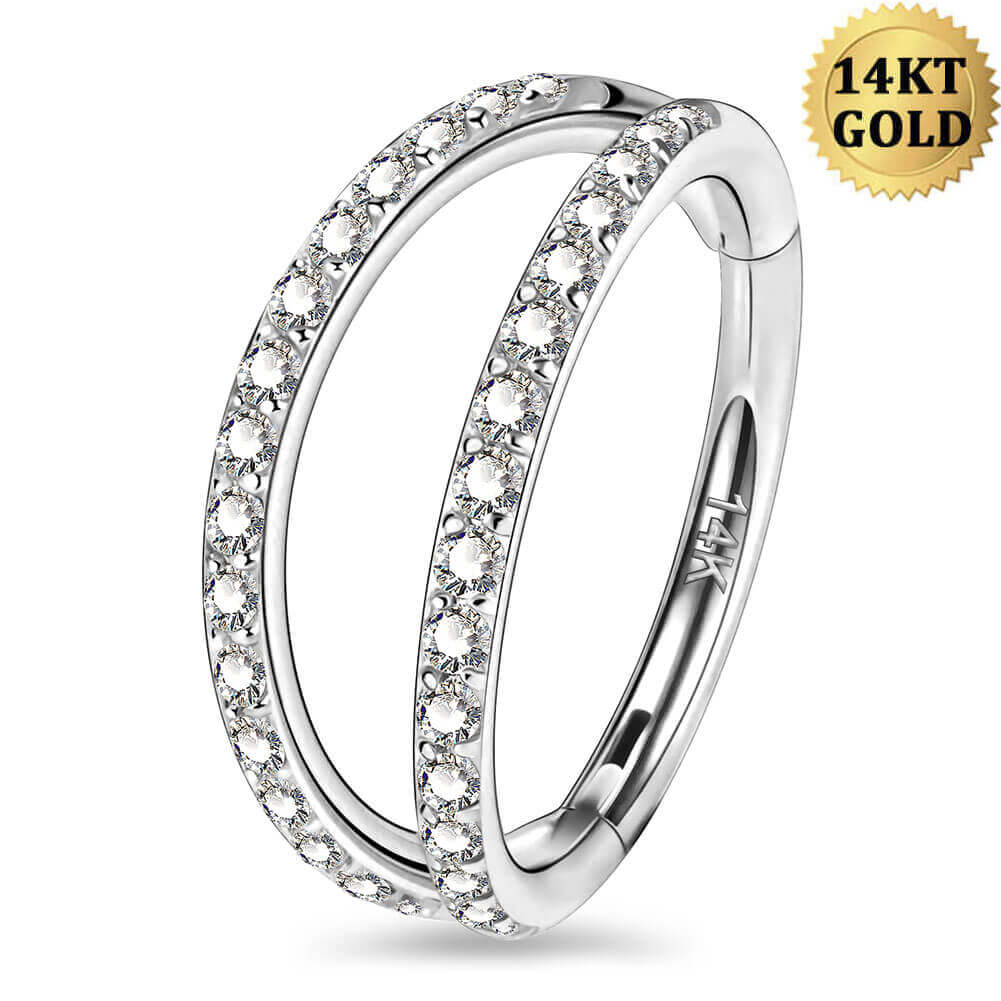 18G 14K White Gold Double Row CZ Nose Hoop