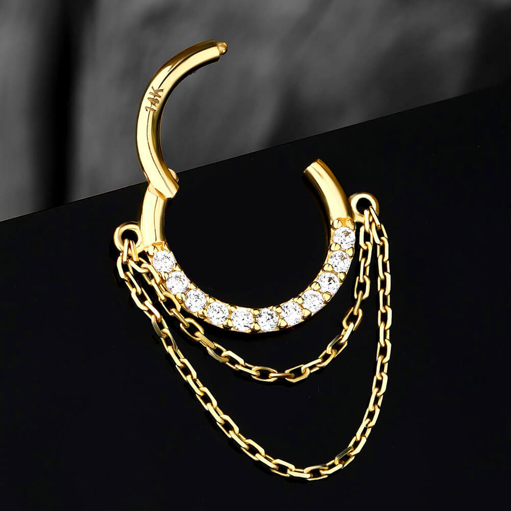 14K Gold Double Chain CZ Segment Septum Ring