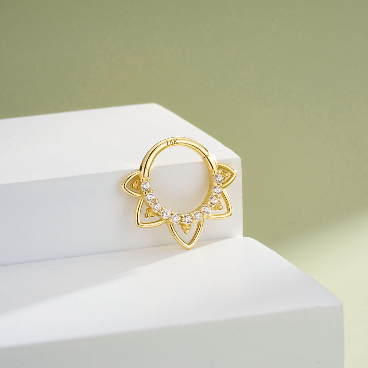 14K Gold CZ Lotus Flower Segment Septum Ring
