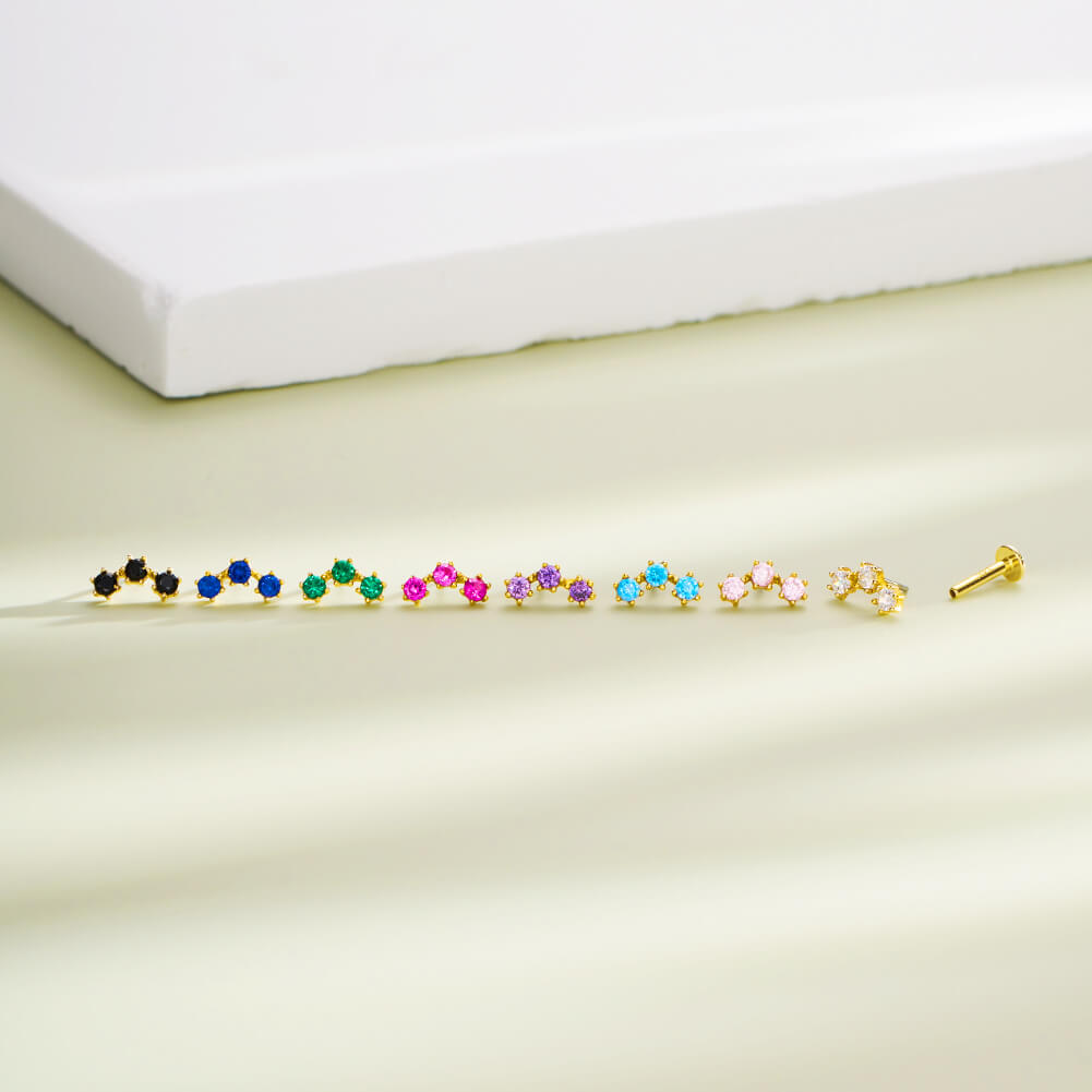 14K Gold Triple CZ Threadless Helix Earring