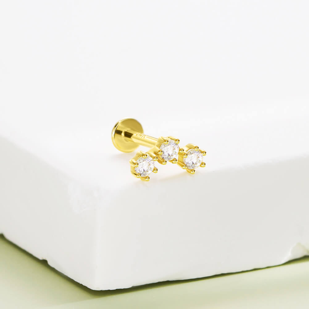 14K Gold Triple CZ Threadless Helix Earring