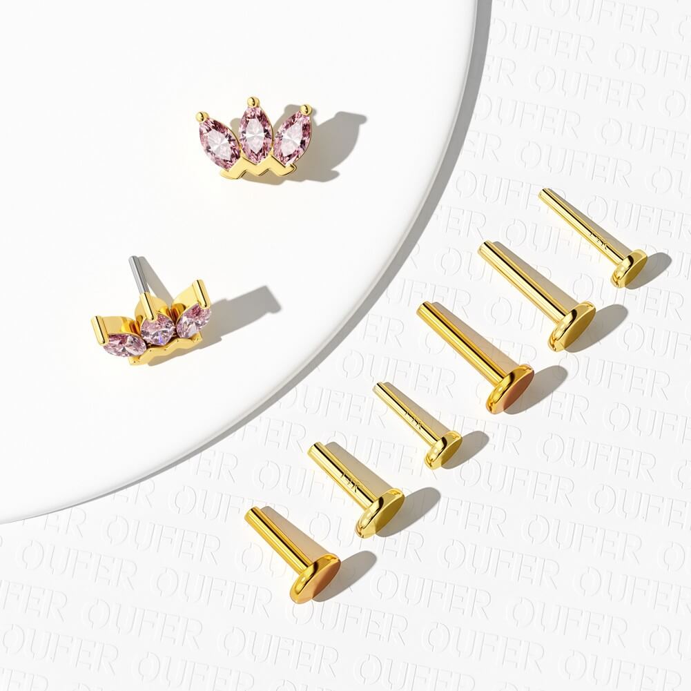 14K Gold Pink Crown CZ Threadless Nose Stud