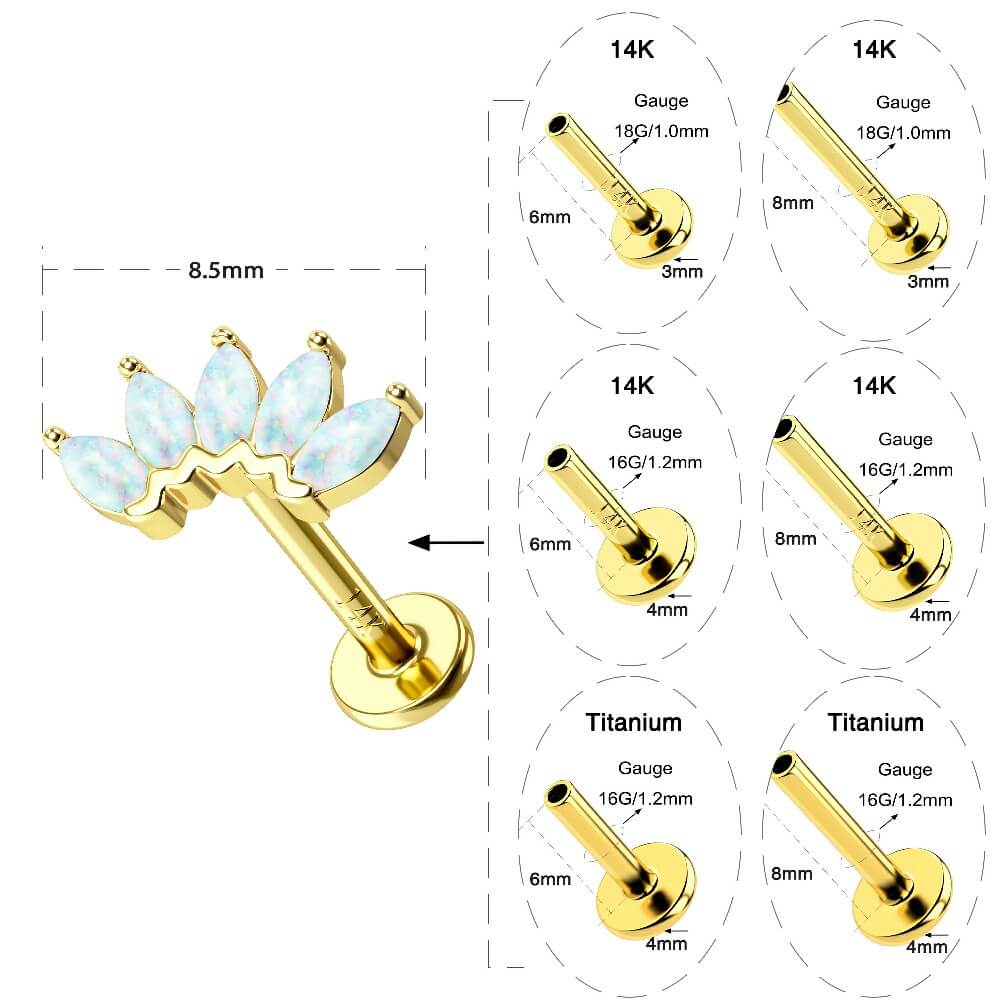 14K Gold Opal Crown Threadless Helix Earring