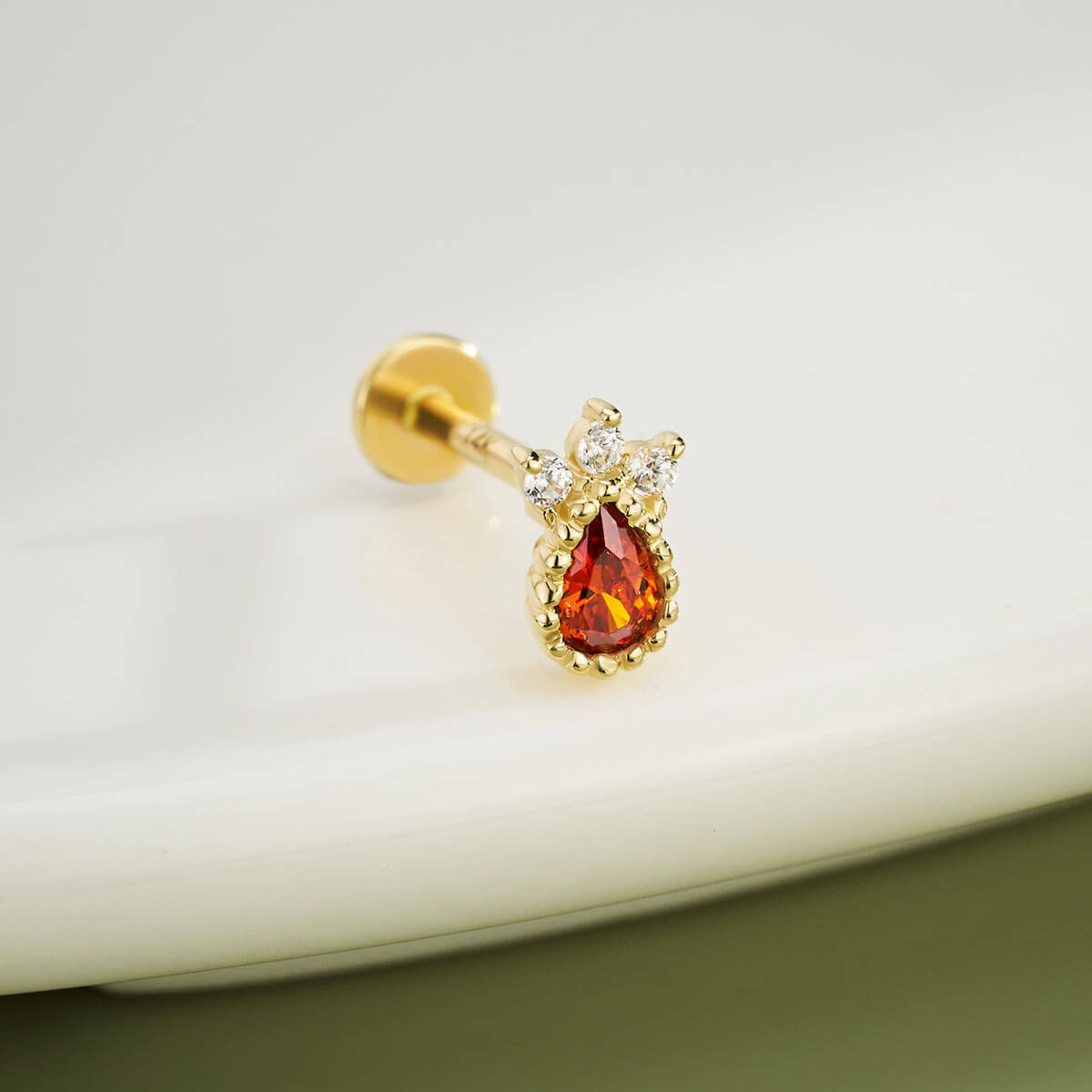14K Gold Red Marquise CZ Threadless Nose Stud