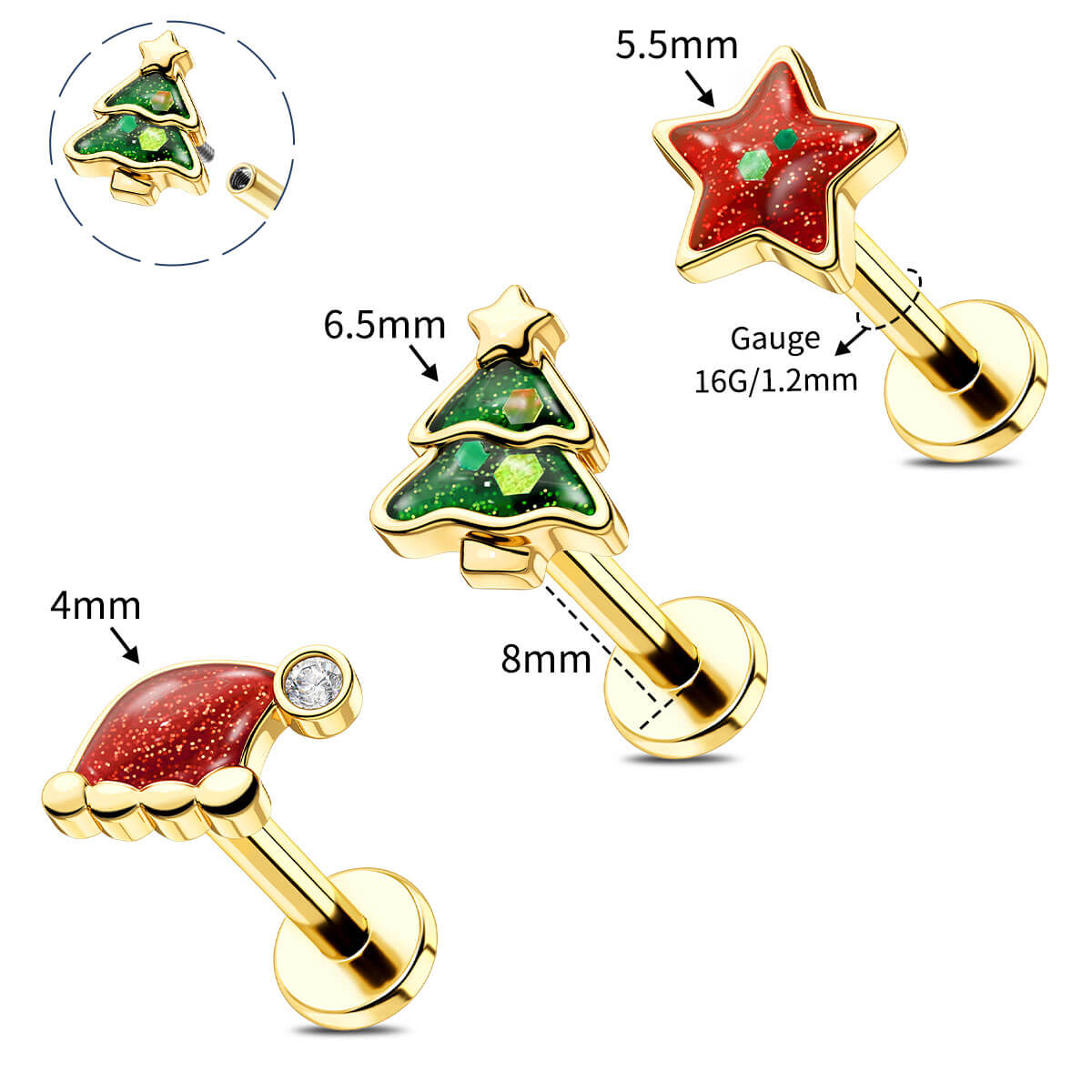 3PCS Christmas Tree Internally Threaded Helix Studs