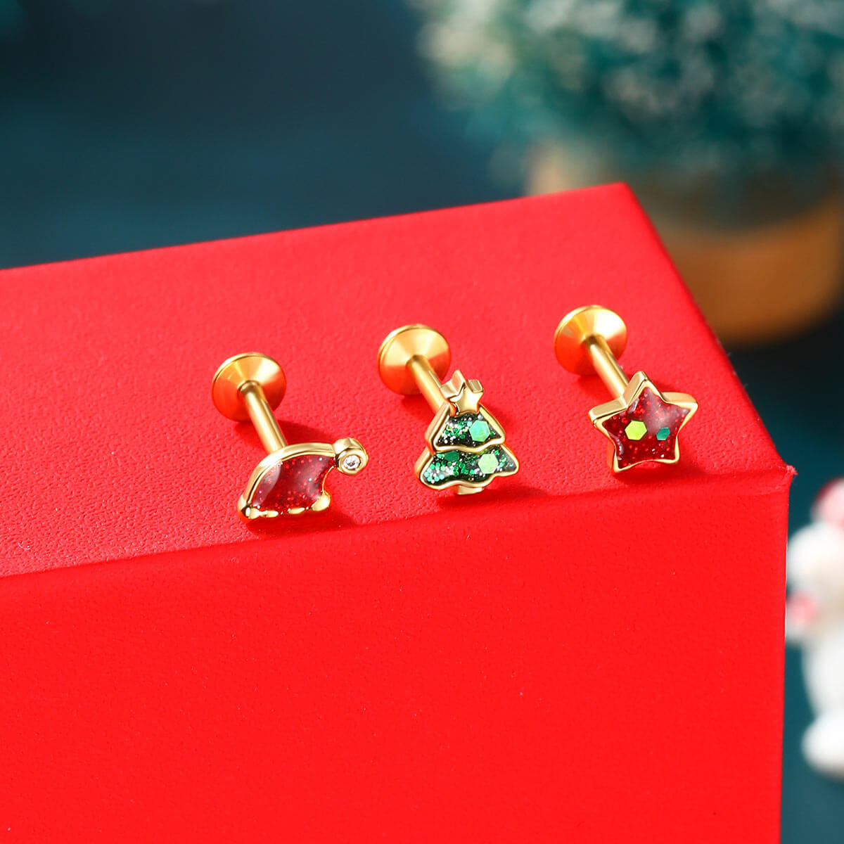 3PCS Christmas Tree Internally Threaded Helix Studs