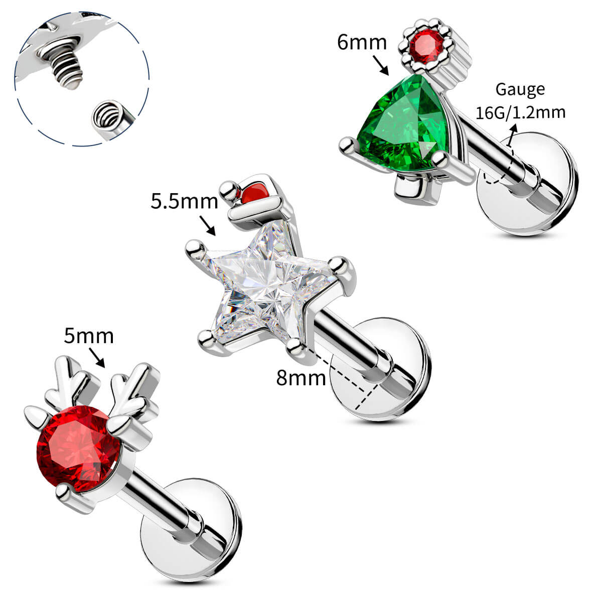 3PCS Star Internally Threaded Cartilage Studs