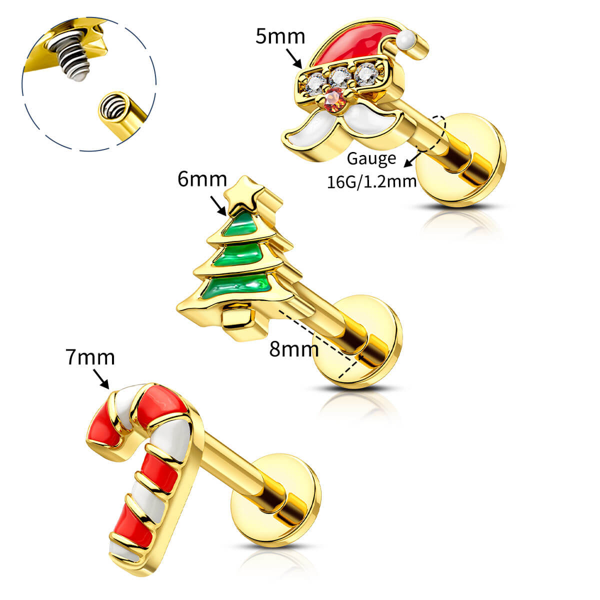 3PCS Christmas Tree Internally Threaded Cartilage Studs
