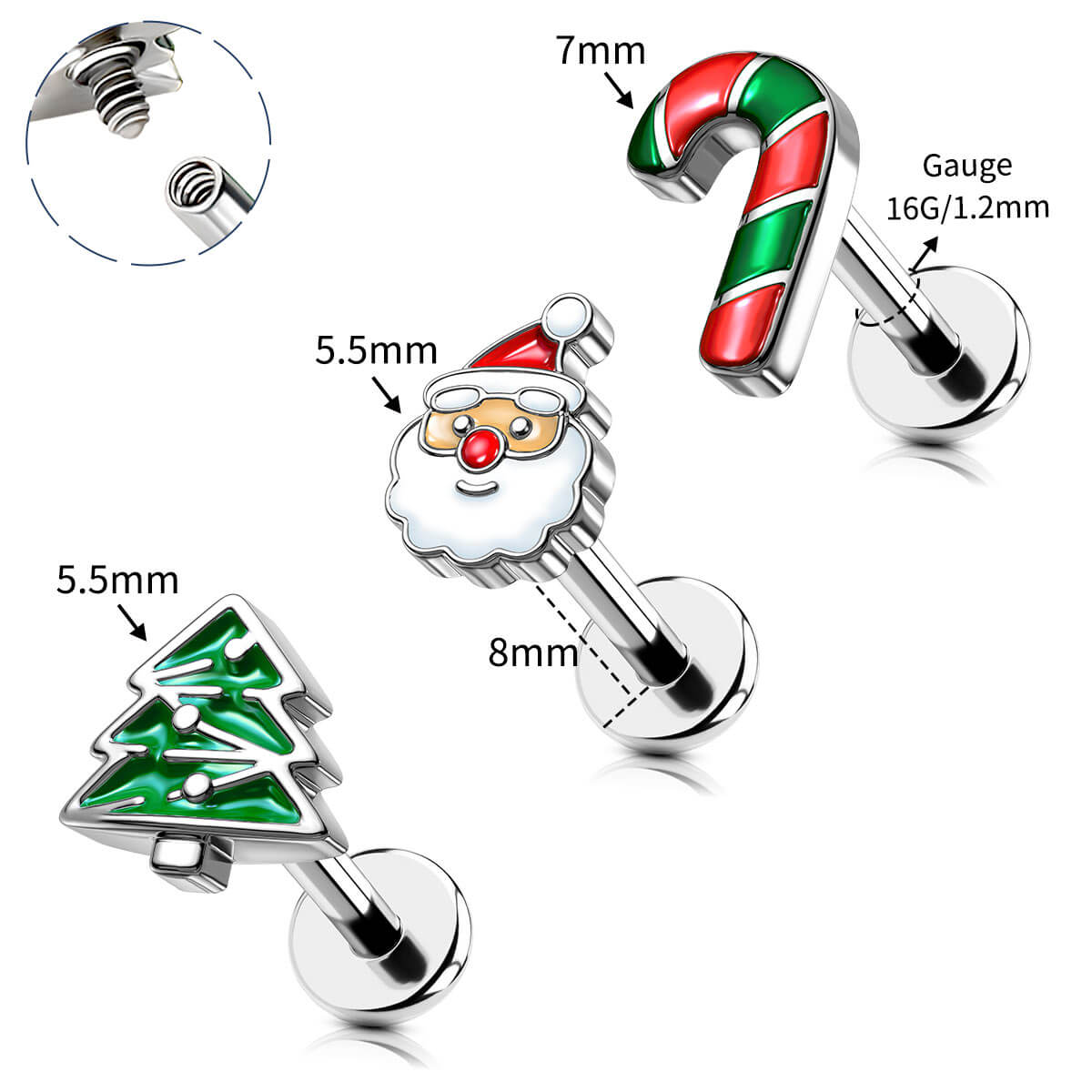 3PCS Candy Tree Internally Threaded Cartilage Studs