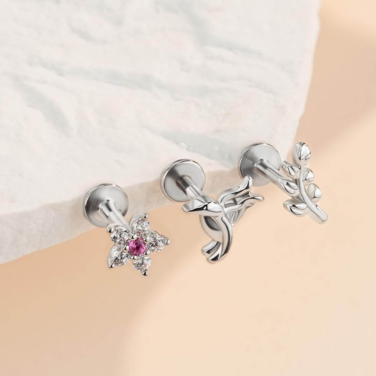 3PCS Bird Flower Internally Threaded Helix Studs