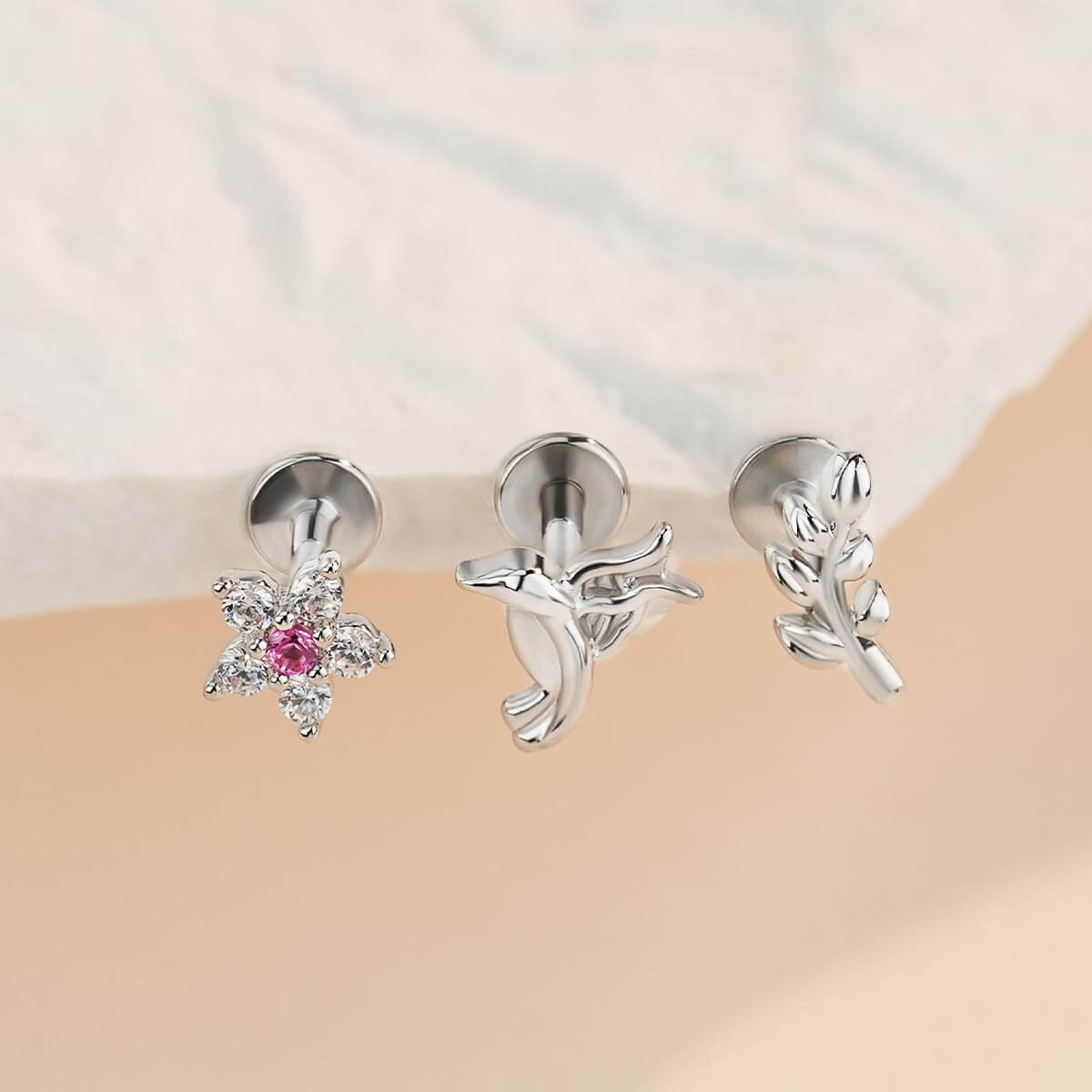 3PCS Bird Flower Internally Threaded Helix Studs