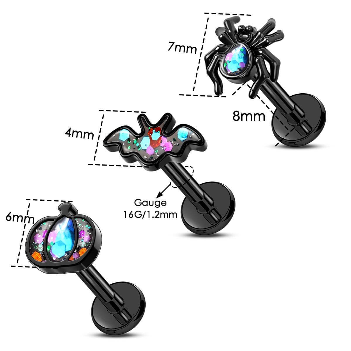 3PCS Spider Bat Internally Threaded Cartilage Studs