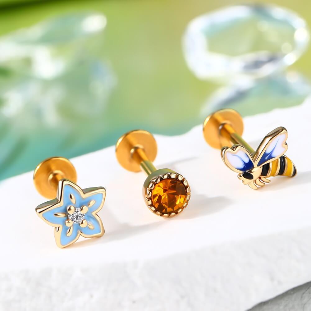 3PCS Bee Flower Honey Helix Stud