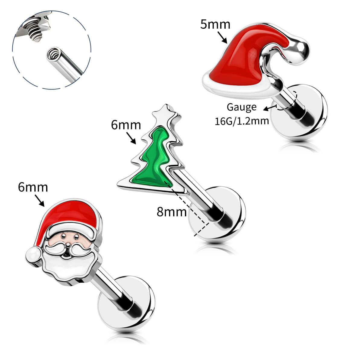 3PCS Christmas Internally Threaded Cartilage Studs