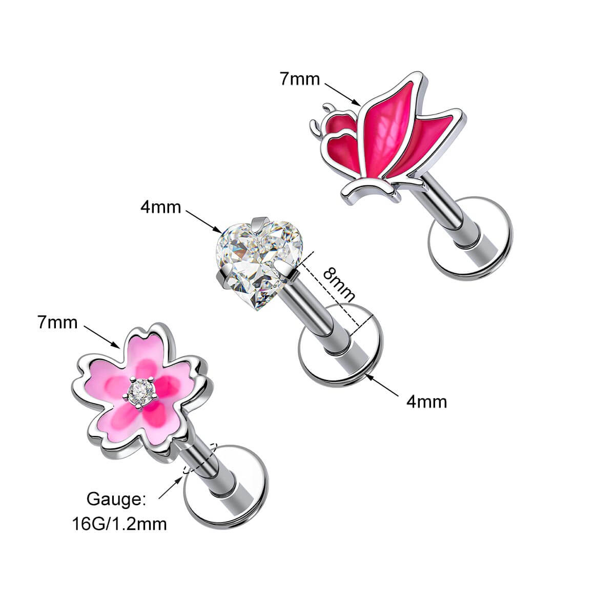 3PCS Flower Butterfly Internally Threaded Helix Studs