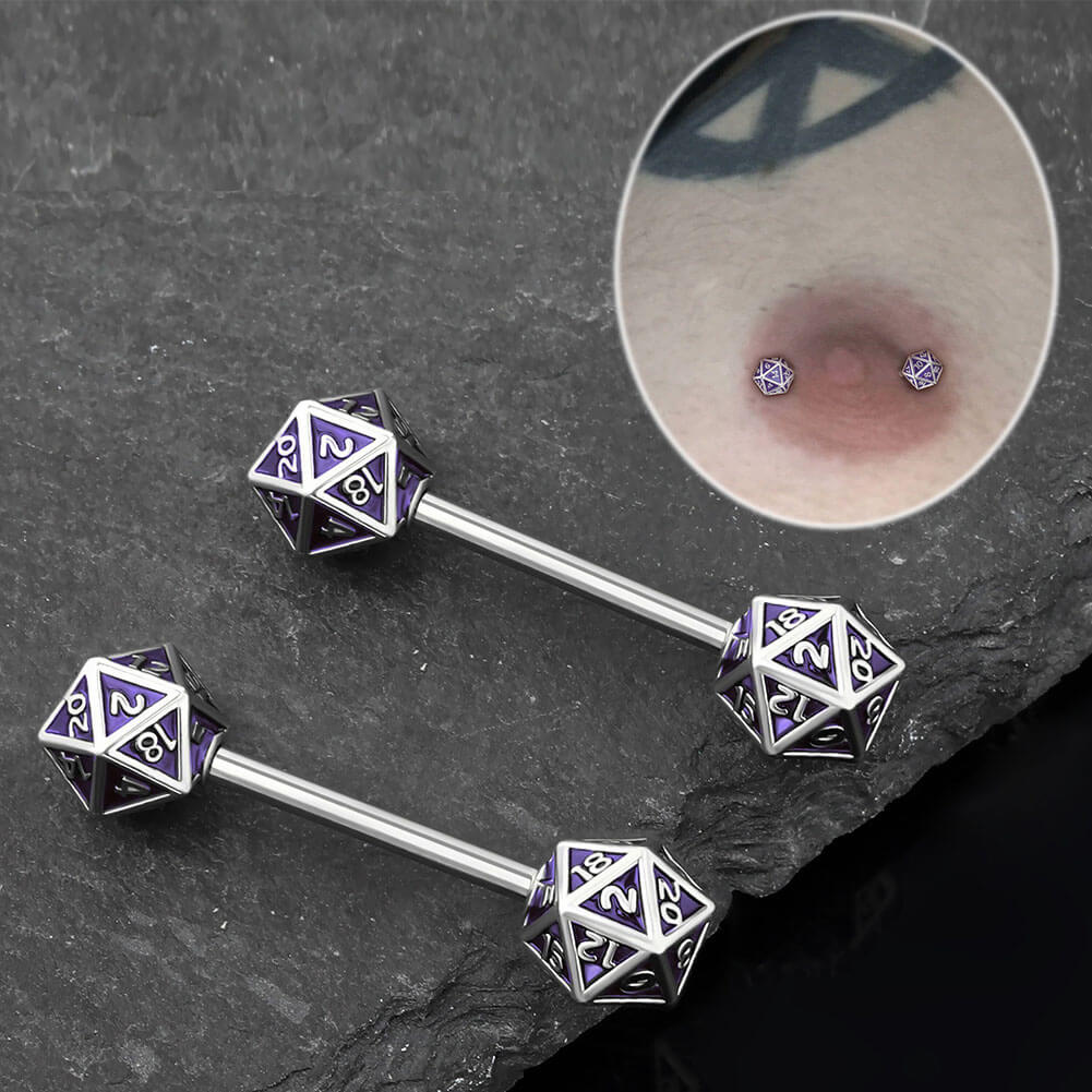 2Pcs D20 Dice Glitter Nipple Barbell Pack
