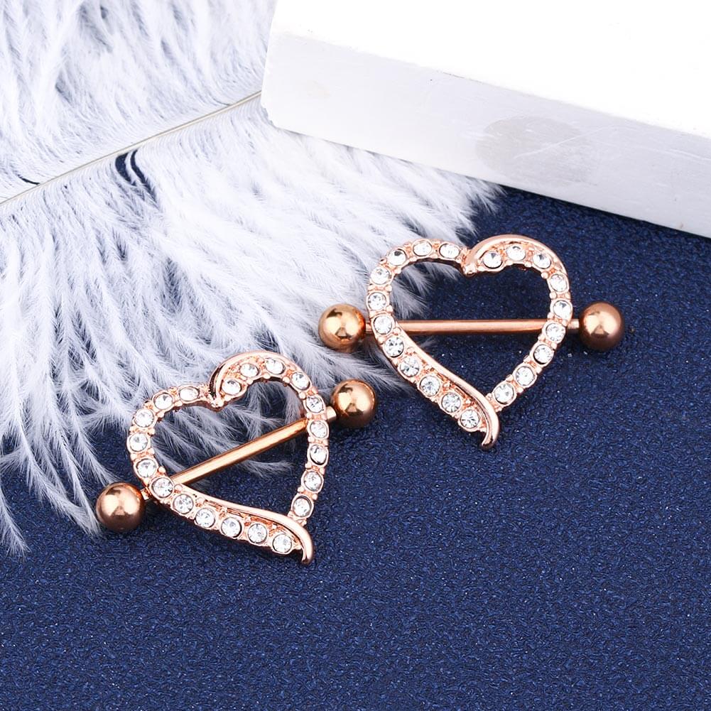 2PCS CZ Heart Shield Rose Gold Nipple Barbell
