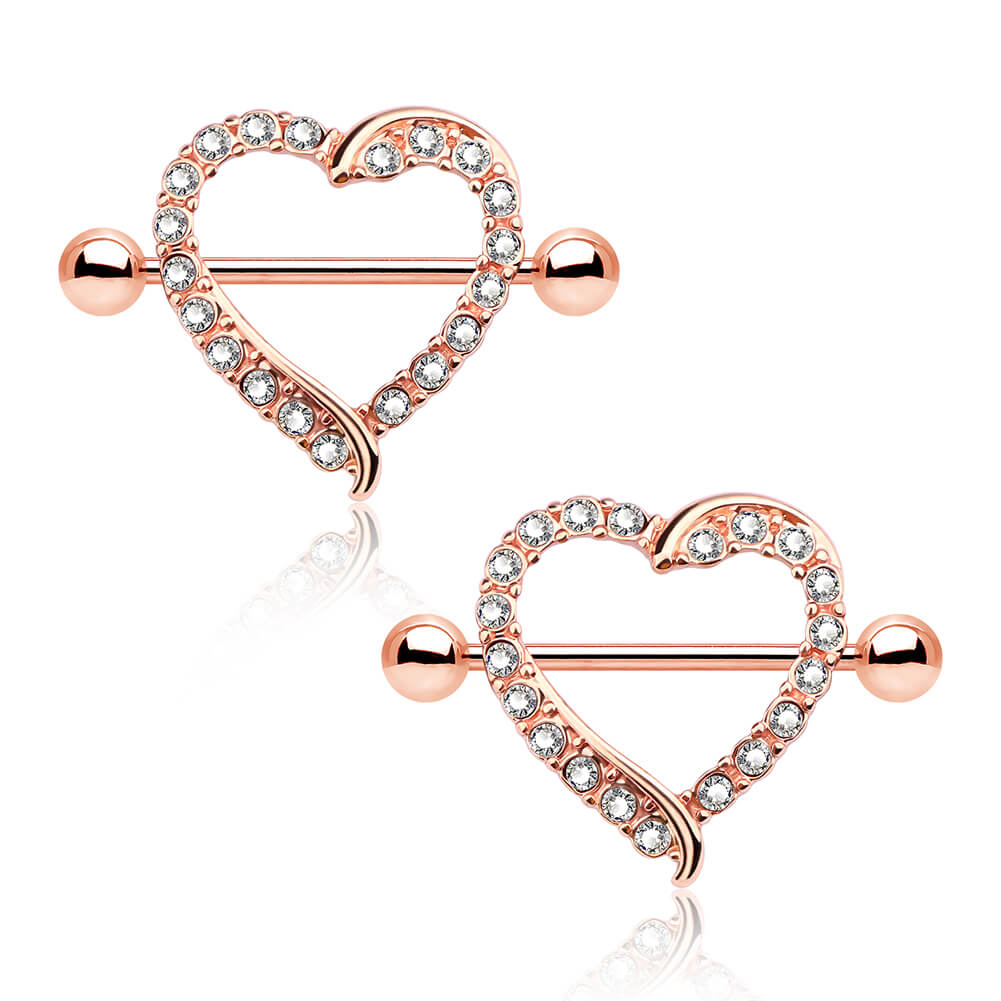 2PCS CZ Heart Shield Rose Gold Nipple Barbell