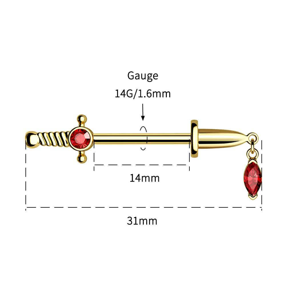 2PCS Sword Red Gems Nipple Barbell Rings