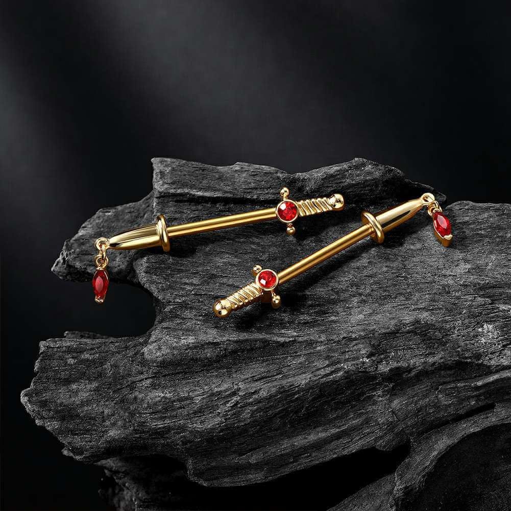 2PCS Sword Red Gems Nipple Barbell Rings