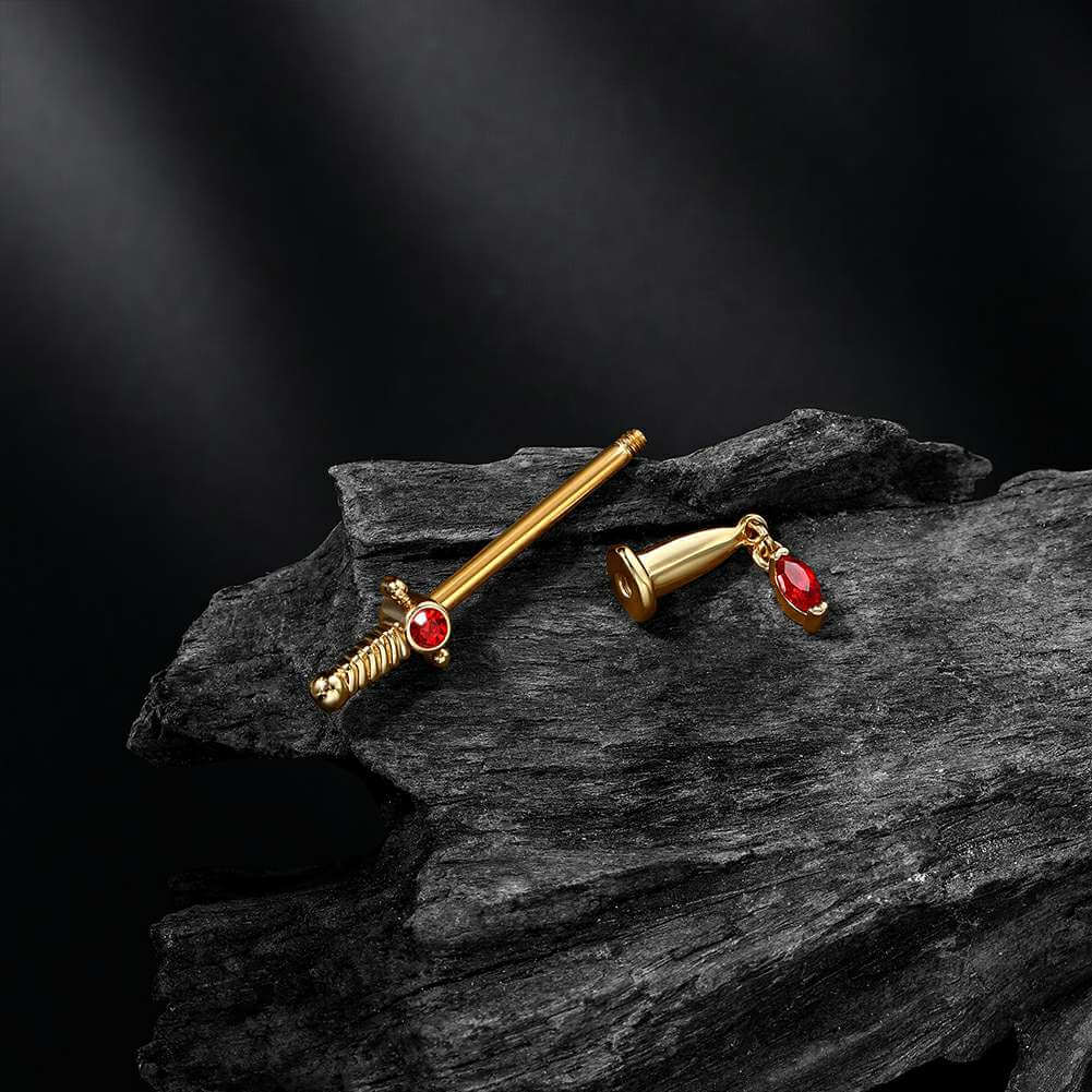 2PCS Sword Red Gems Nipple Barbell Rings