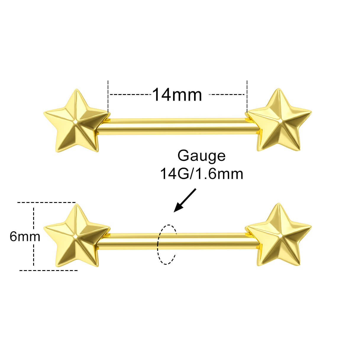 2PCS Gold Star Nipple Barbell
