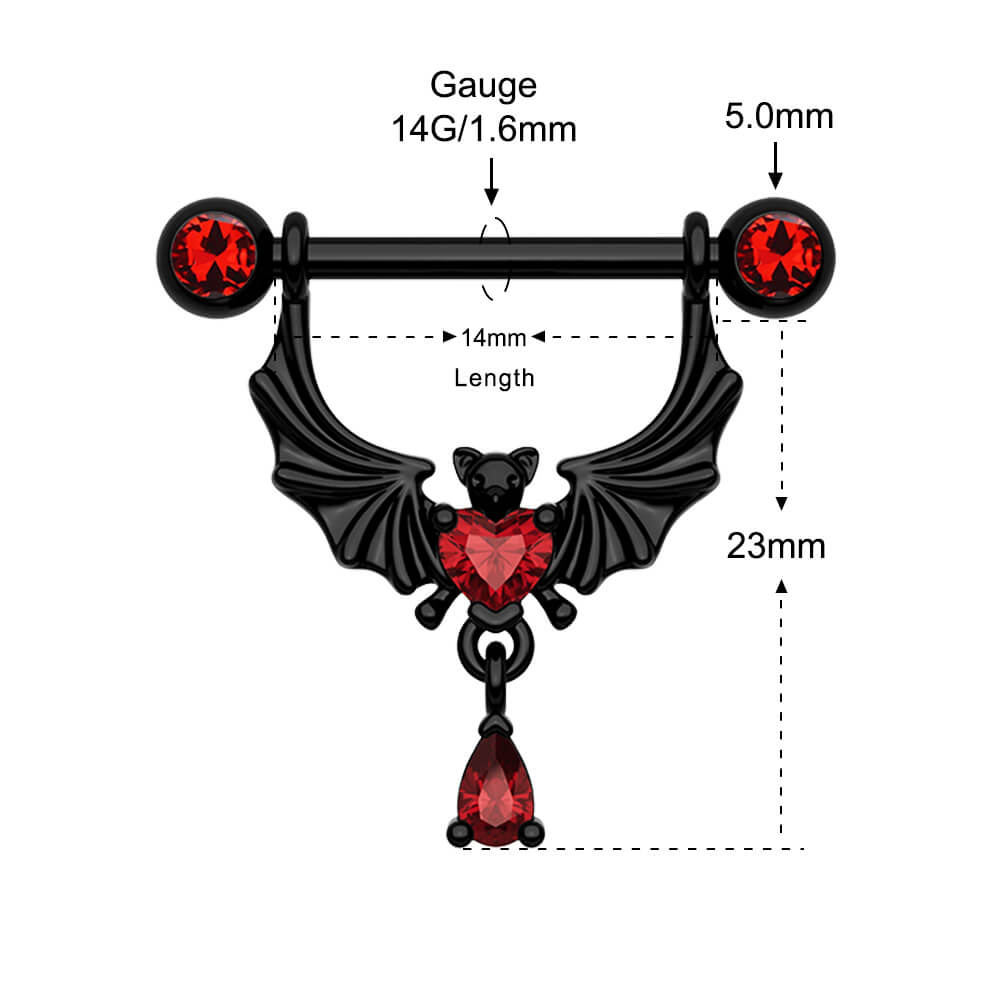 2PCS Bat Red Gems Dangle Nipple Barbell Rings