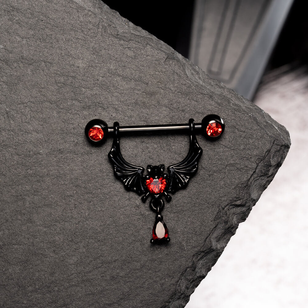 2PCS Bat Red Gems Dangle Nipple Barbell Rings