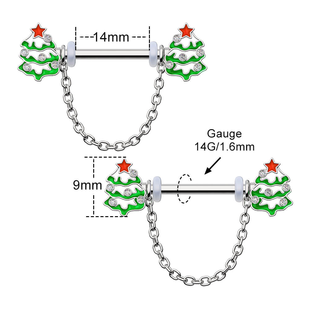2PCS Chrismas Tree Dangle Nipple Barbell