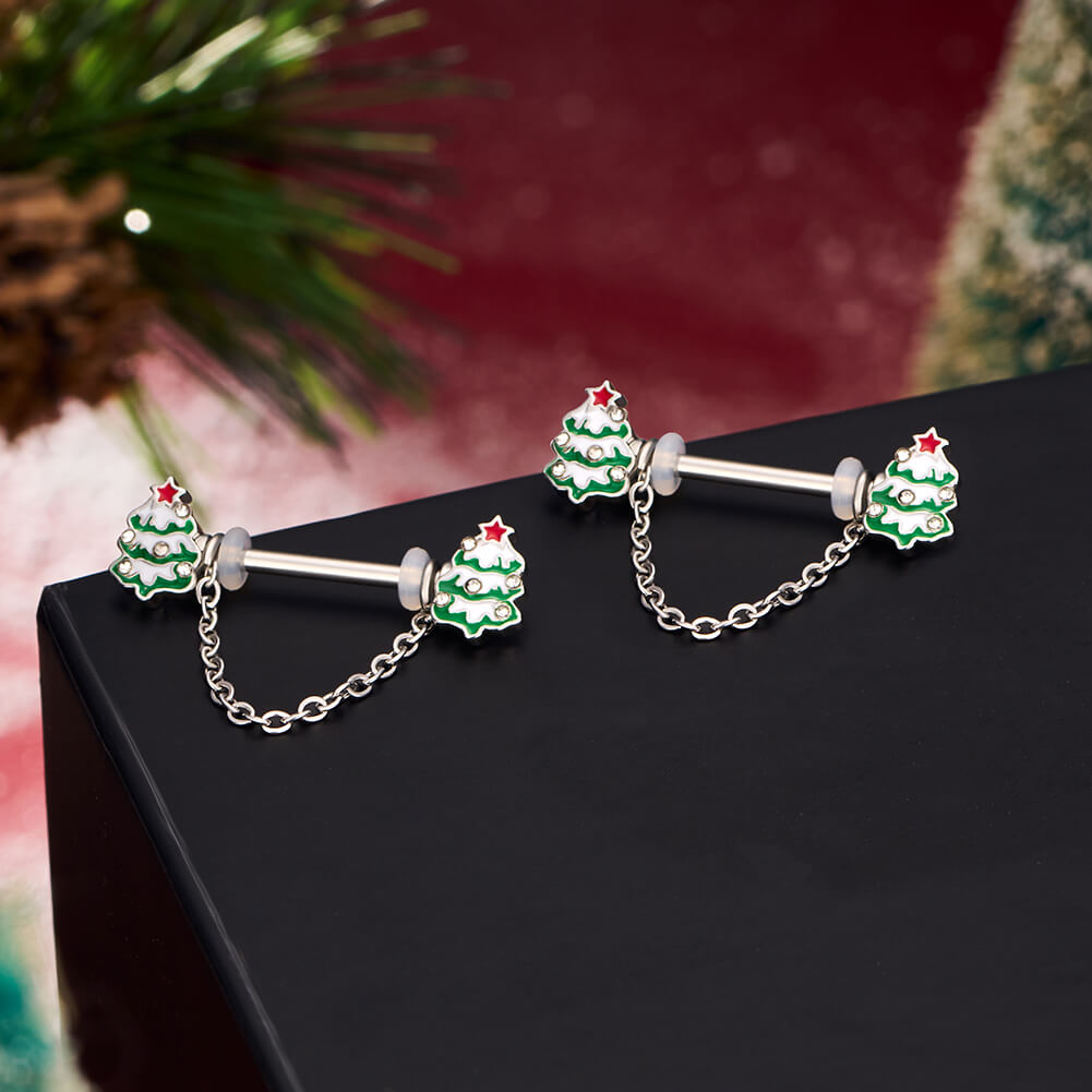 2PCS Chrismas Tree Dangle Nipple Barbell