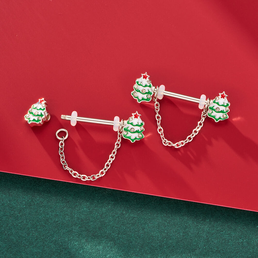 2PCS Chrismas Tree Dangle Nipple Barbell
