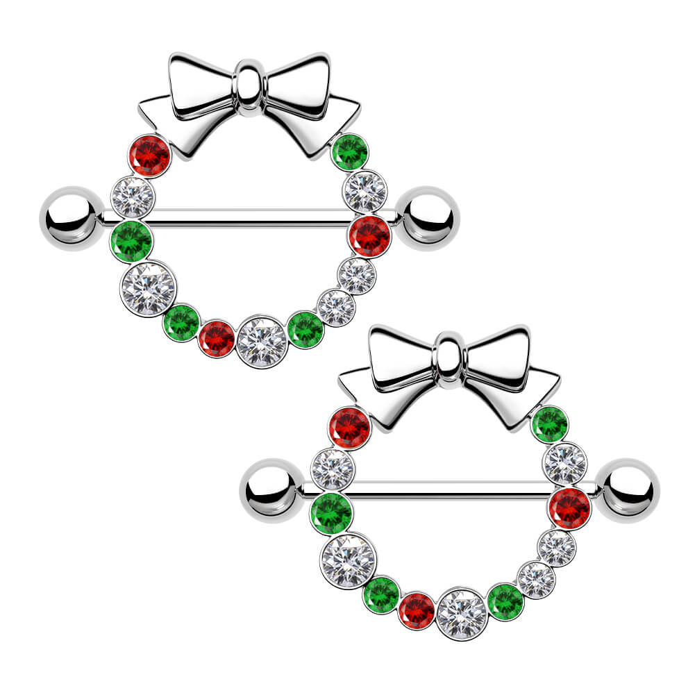 2PCS CZ Christmas Wreath Nipple Barbell
