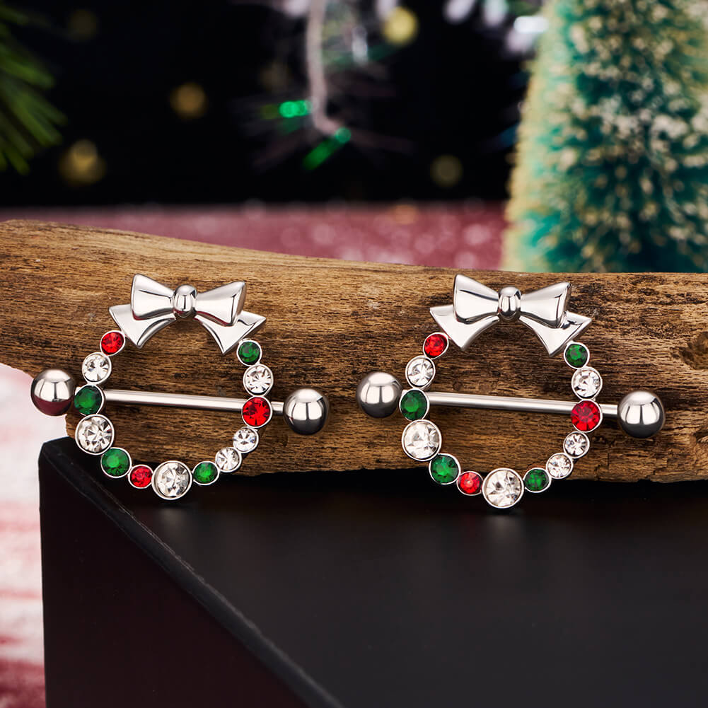2PCS CZ Christmas Wreath Nipple Barbell