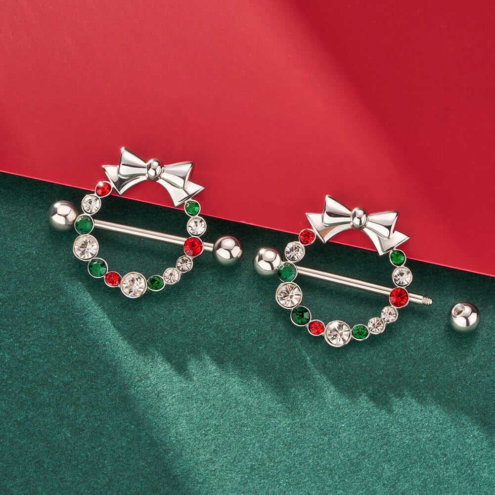 2PCS CZ Christmas Wreath Nipple Barbell