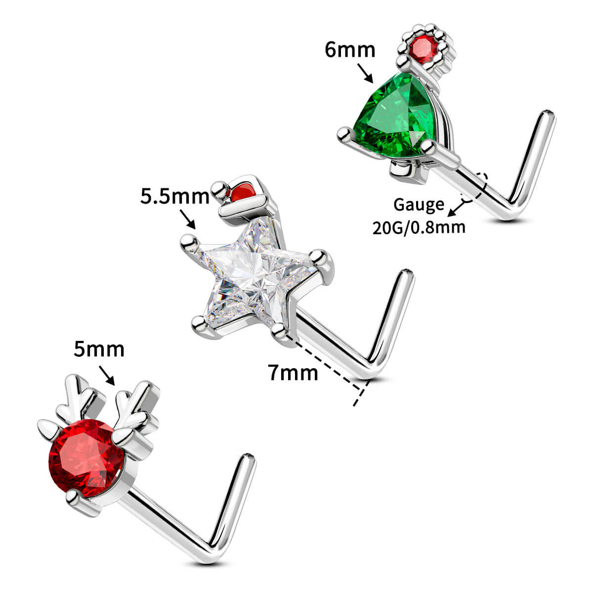 3PCS Christmas Tree/Star/Deer Nose Studs Pack