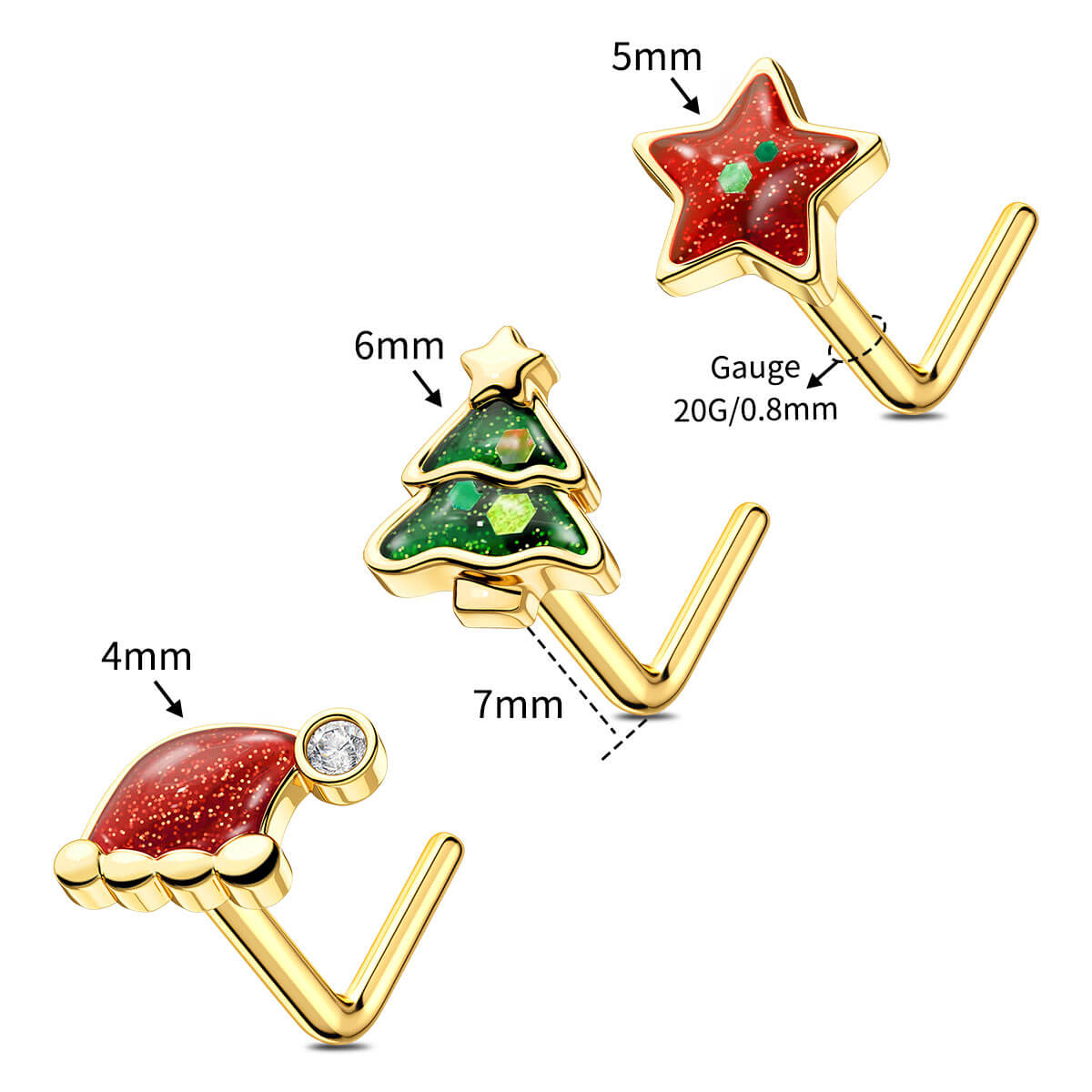 3PCS Christmas Star/Tree/Hat Nose Studs Pack