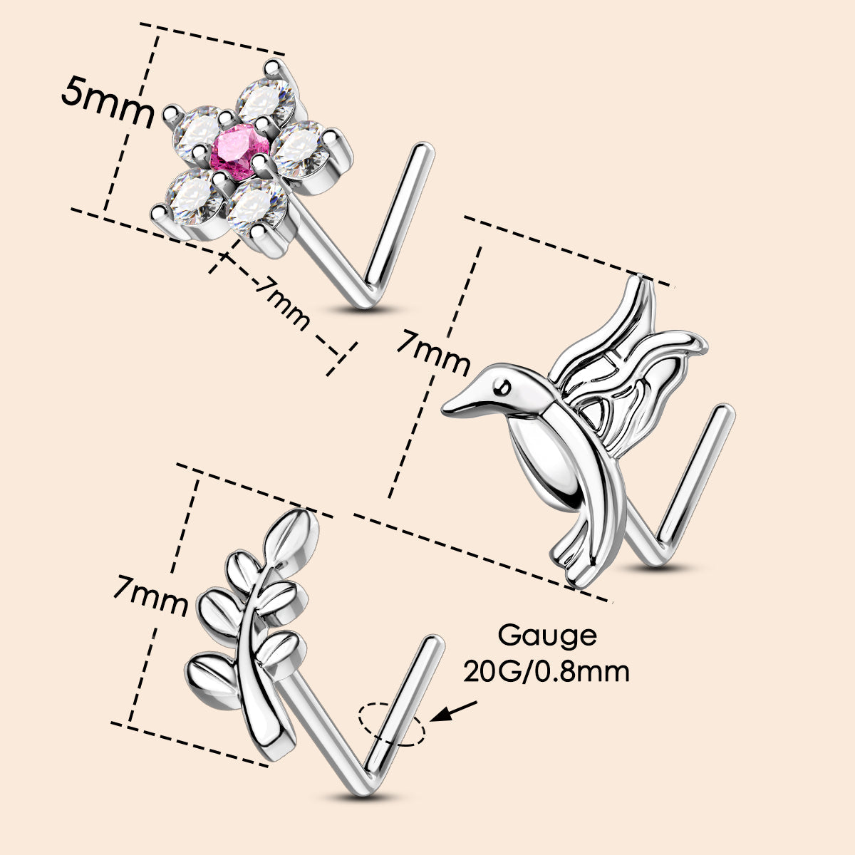 3PCS Flower/Bird/Leaves Nose Studs Set