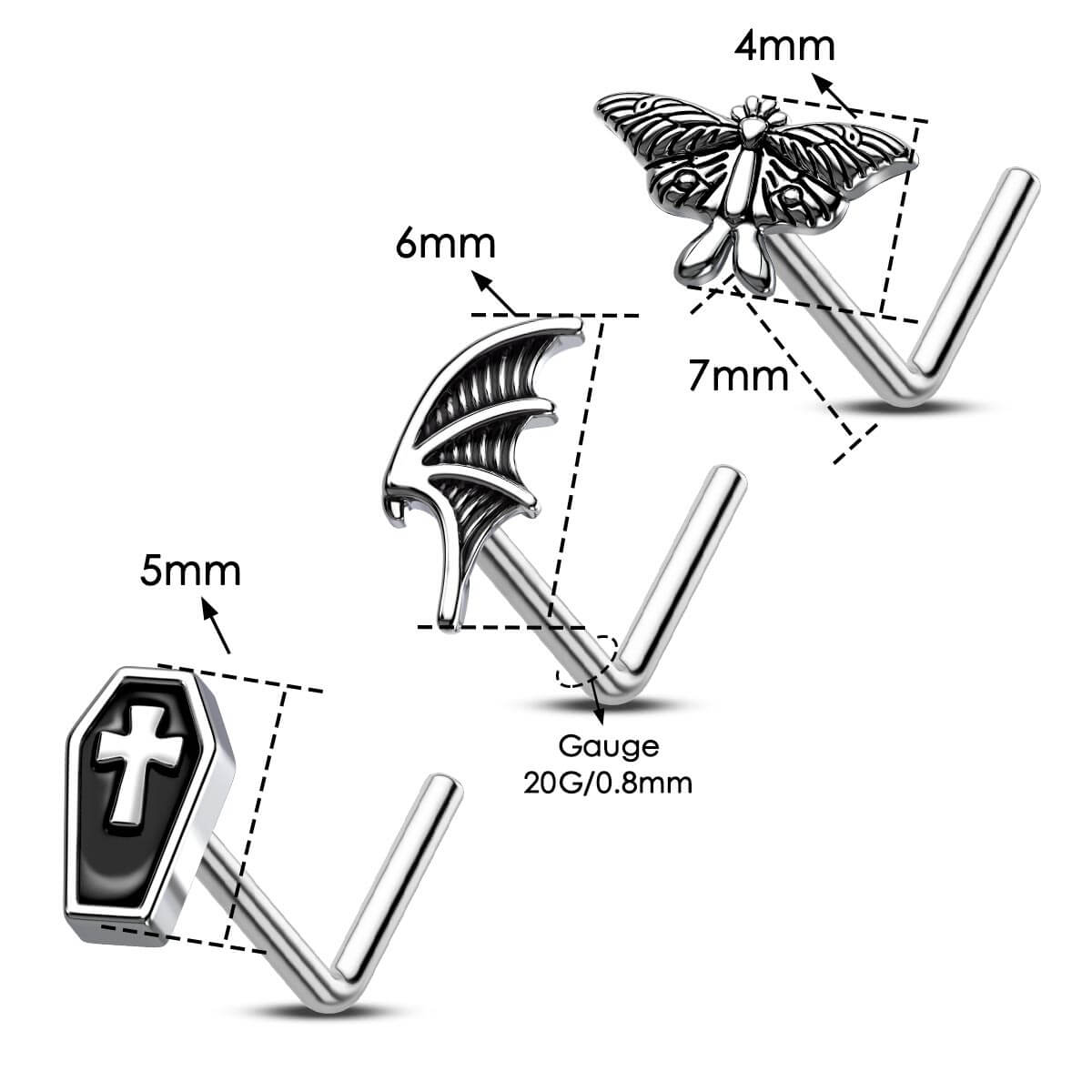 3PCS Coffin/MothBat/Wing Nose Studs Set