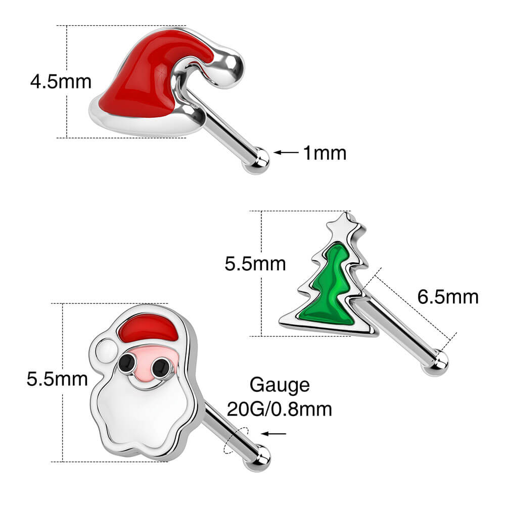 3PCS Christmas Hat/Tree/Santa Nose Studs Pack