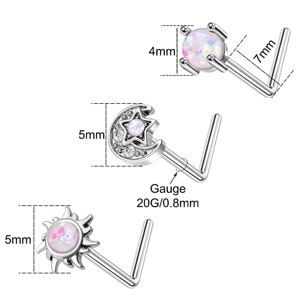 3PCS Opal Moon & Star Nose Studs Pack