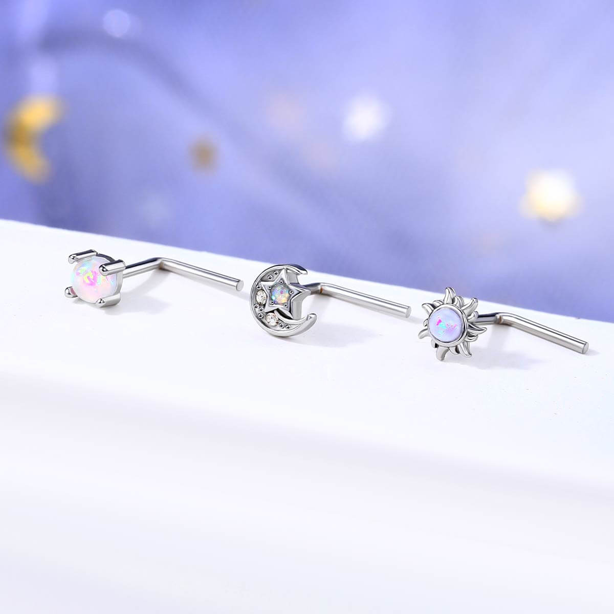 3PCS Opal Moon & Star Nose Studs Pack