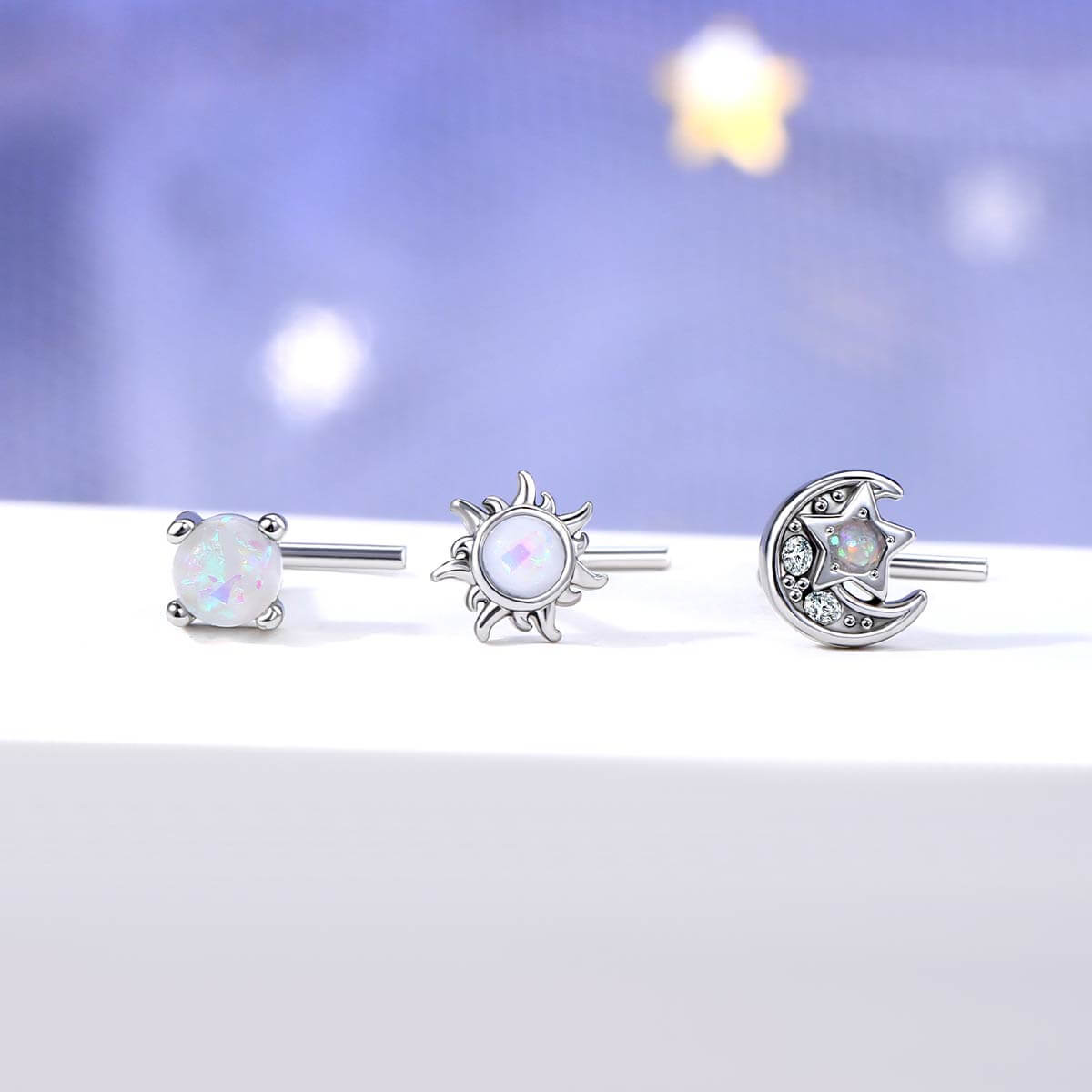3PCS Opal Moon & Star Nose Studs Pack