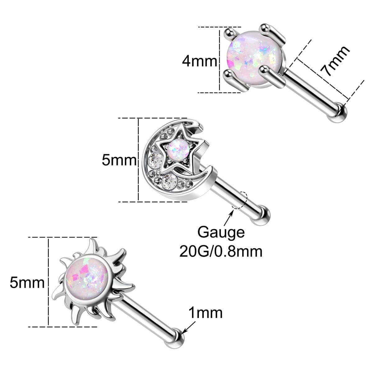 3PCS Opal Moon&Star Nose Studs
