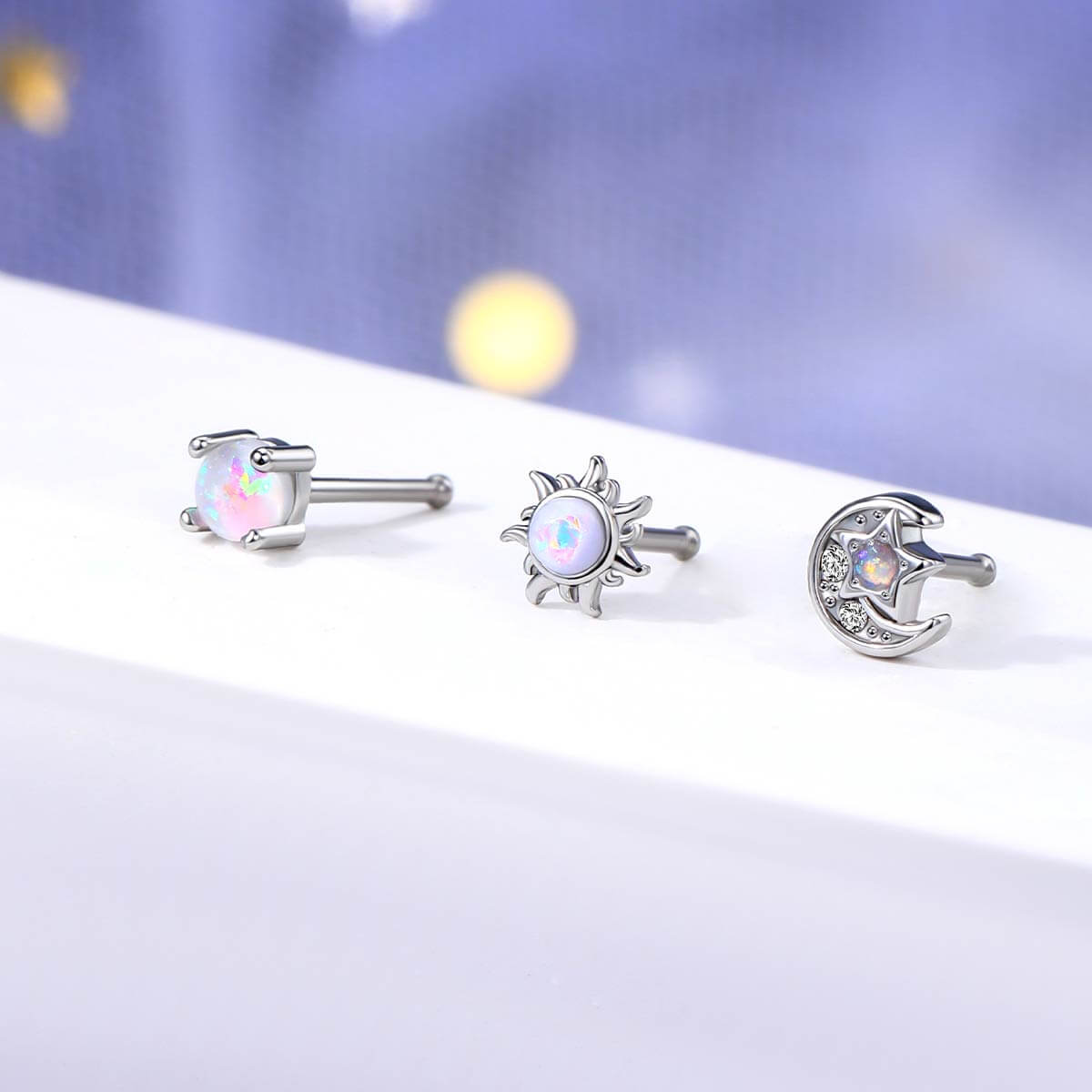 3PCS Opal Moon&Star Nose Studs