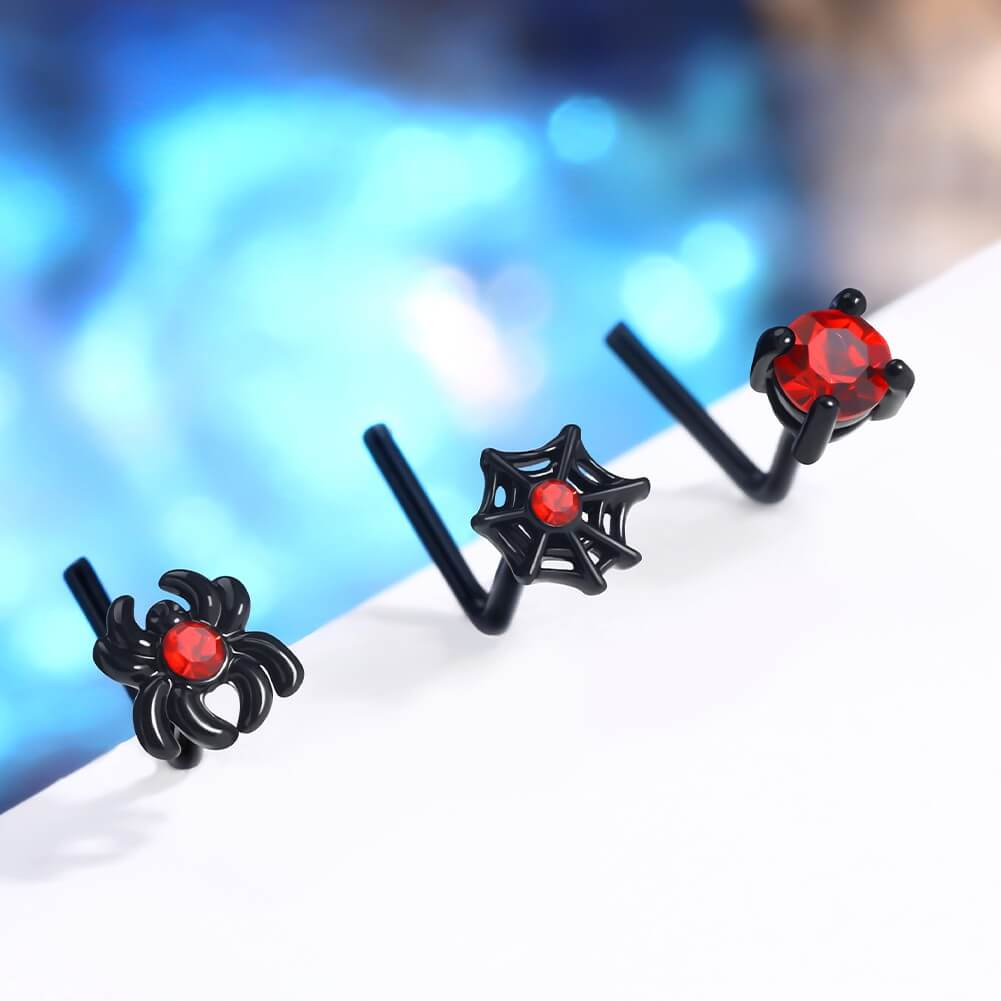 3PCS Black & Red Spider Nose Stud Set