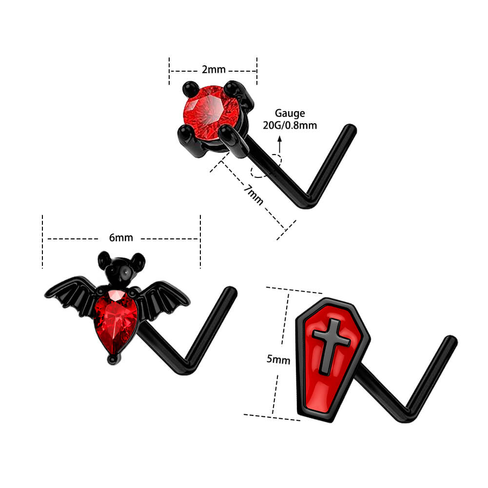 3PCS Coffin and Bat Halloween Nose Stud Set